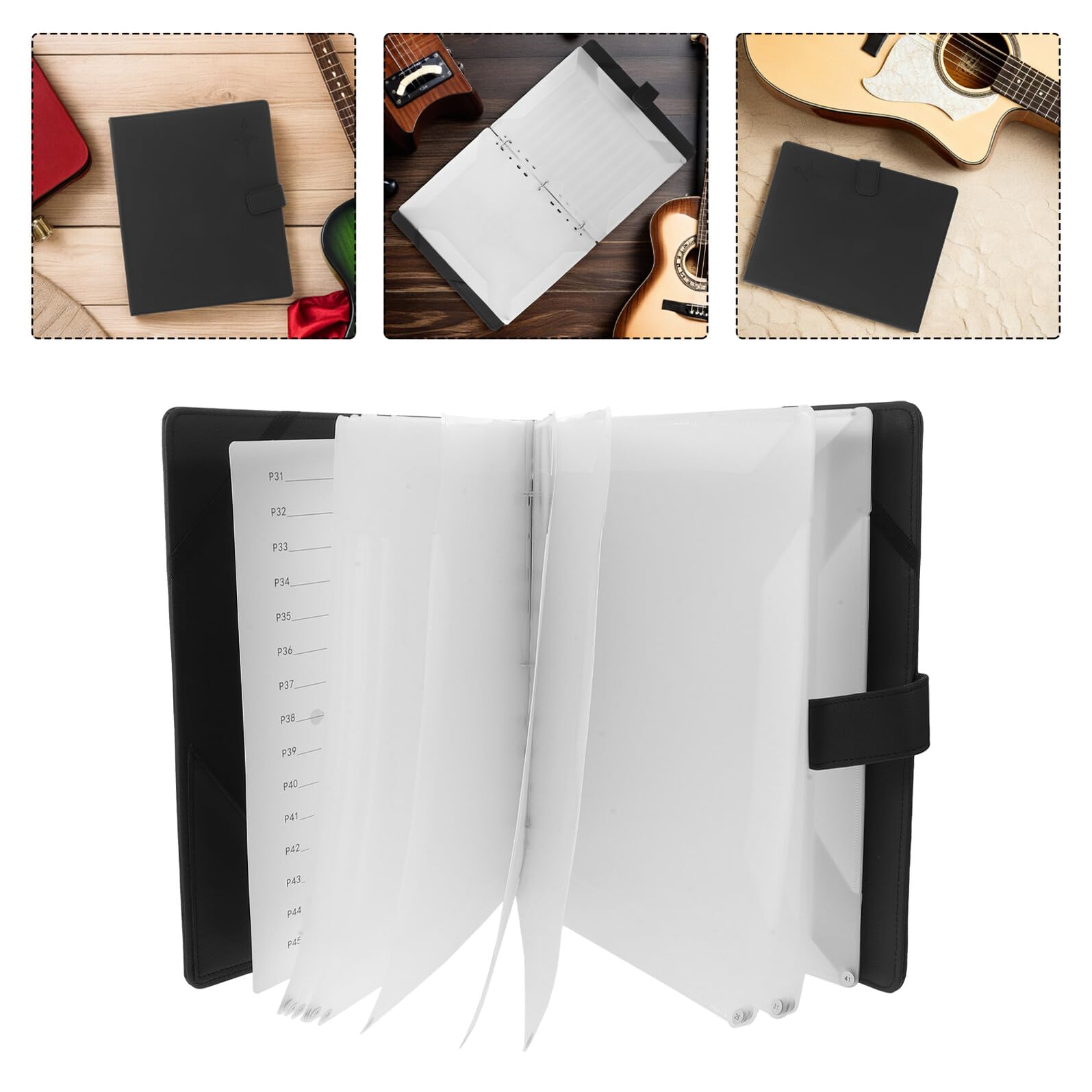 TOPBATHY Carpeta de Partituras de Piano y Guitarra Negra de Cuero Sintético, Organizador con 30 Páginas Numeradas para Hojas Sueltas, Adecuado para Músicos y Práctica en Aula o Conciertos