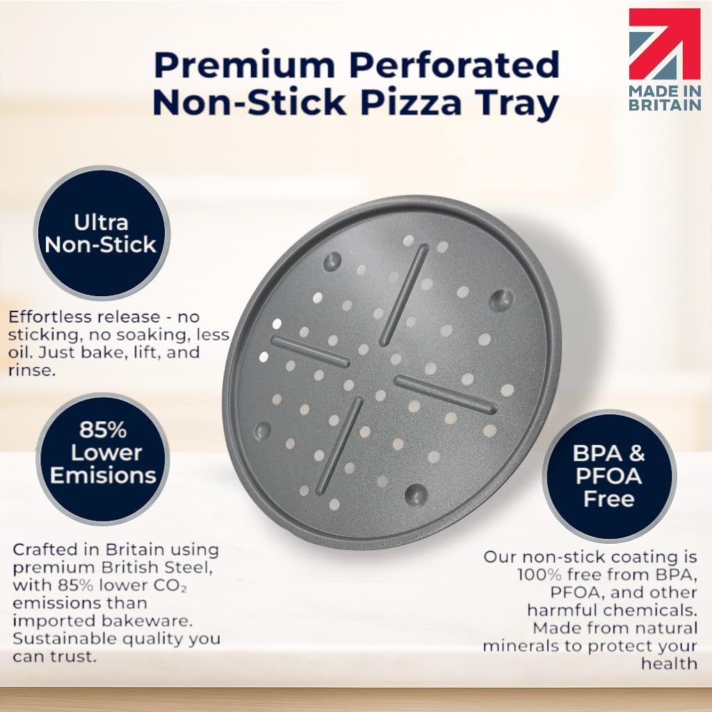 Samuel Groves Pack of 2 Pizza Pan, Pizza Tray, Large 13 Inch (33cm) Non Stick Coating Oven Round Crisper, Pizza Baking Tray, Pizza Trays for Oven Non Stick Made in England