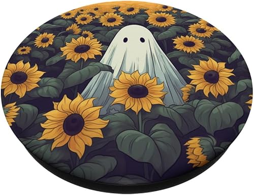 Miniatura 2 de Retro Ghost Girasol Diseño Floral Halloween Mujeres Graphic PopSockets PopGrip Estándar