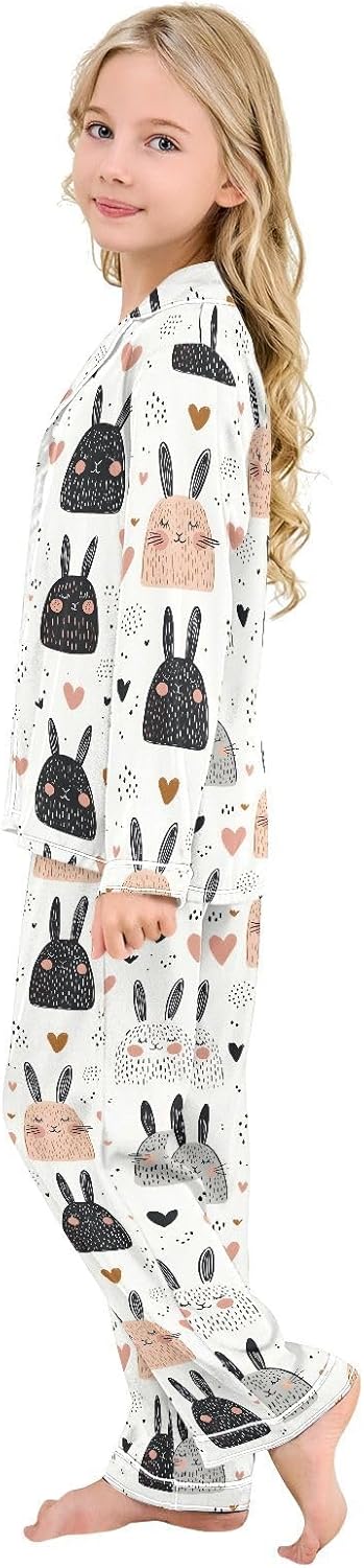senya Rabbit Black Heart 22 Satin Pajama Sets Long Sleeves Nightwear Button Down Sleepwear
