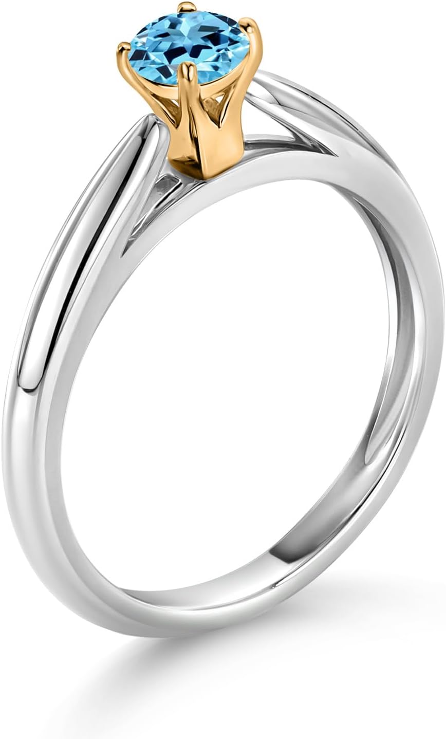 Gem Stone King 10K White and Yellow Gold Swiss Blue Topaz Solitaire Engagement Ring For Women (0.36 Cttw, Gemstone November Birthstone, Round 4MM) - Image 3