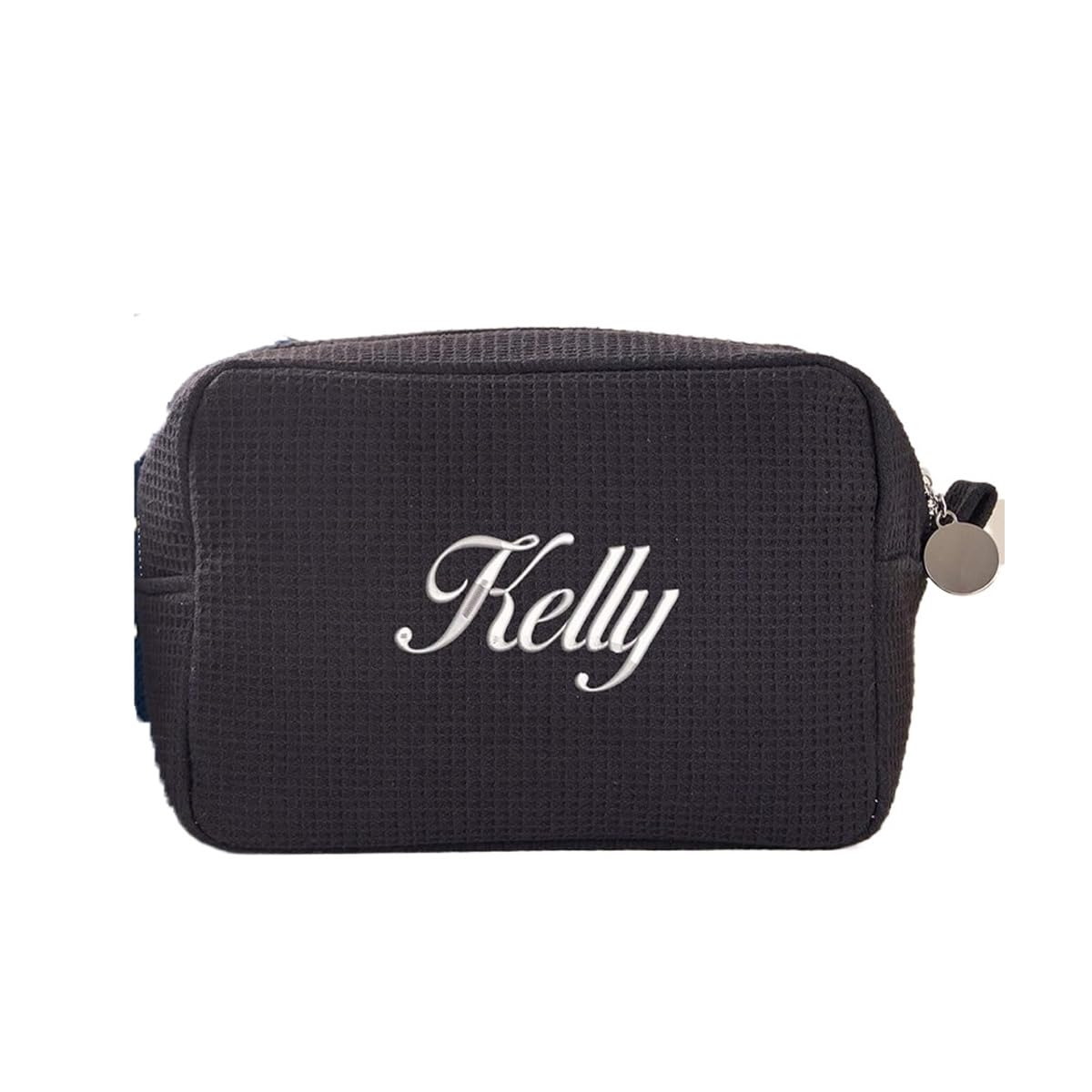 Personalized Waffle Makeup Bag, Initials Makeup Embroidered Toiletry Bag, Custom Name Bridal Bridesmaid Gift, Black, modern