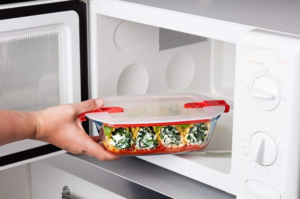 Pyrex Rechteckige Glasschale mit belüftetem Deckel, mikrowellengeeignet, 0,4 l, Rot, 4 Stück