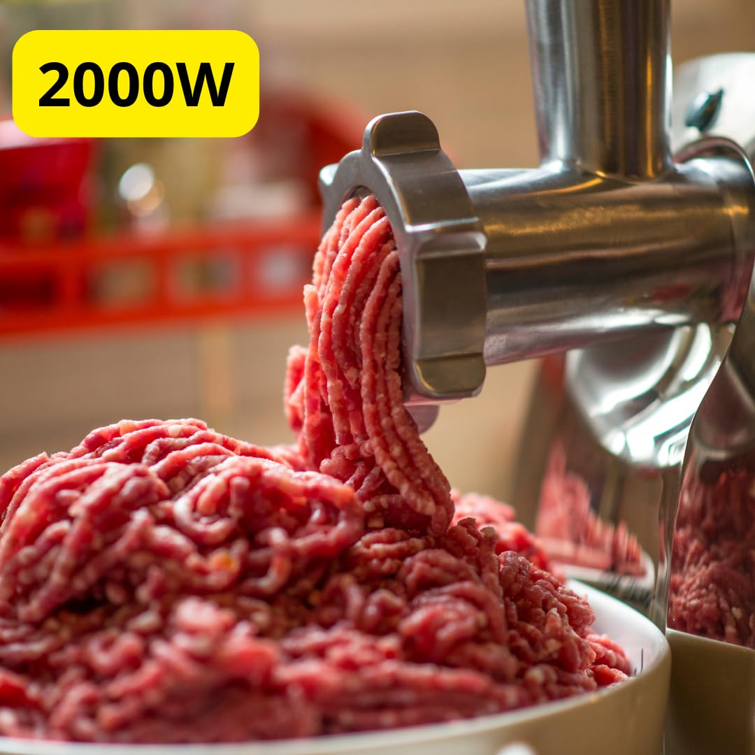 Tritacarne Elettrico Professionale 2000W, 2 Lame in Acciaio Inox, 3 Piastre di Tritatura, Accessorio per Salsicce e Kubbe, Motore Silenzioso, Facile da Pulire, Macchina per Carne, Casa e Cucina.