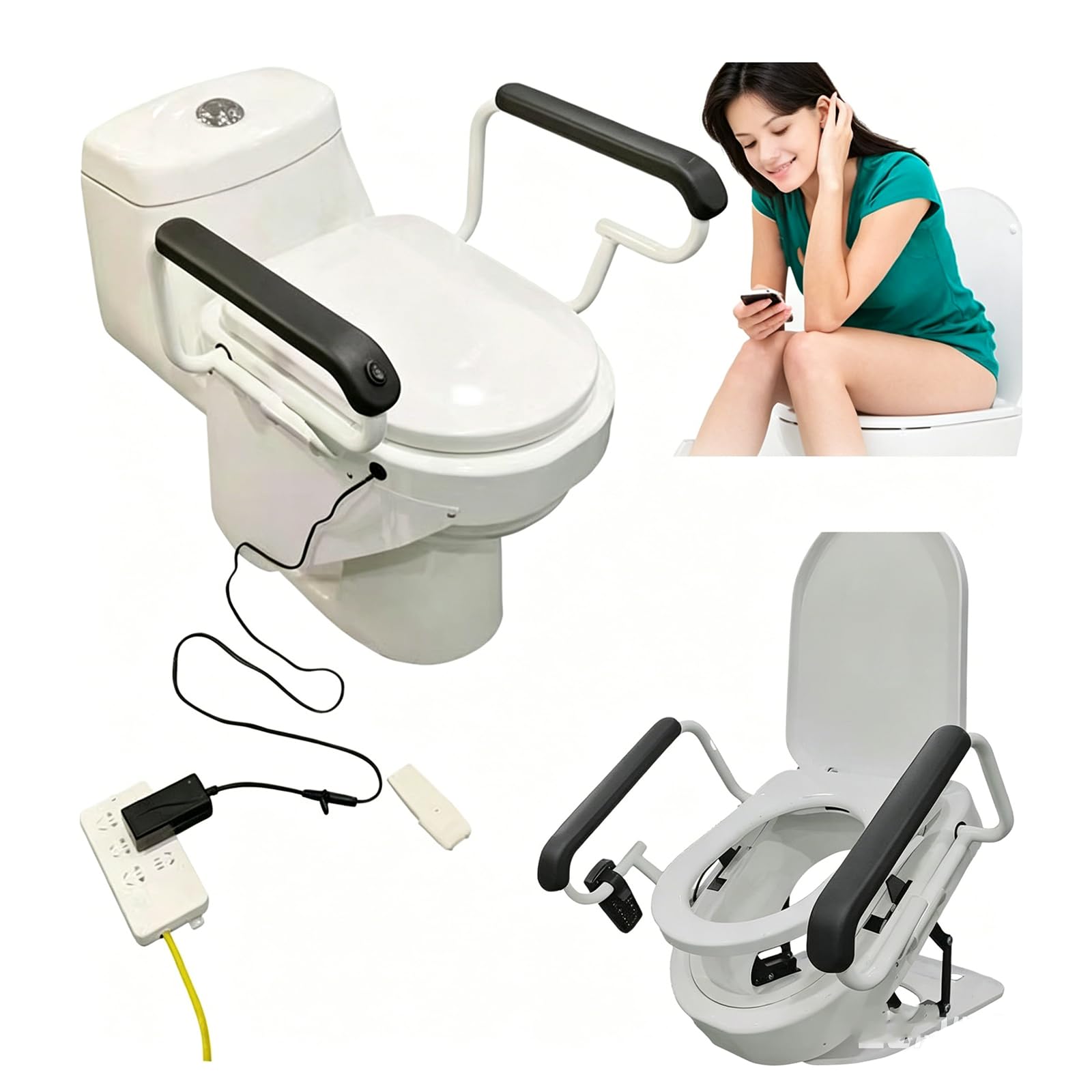 Sollevatore elettrico per sedile WC, regolabile con sedile diviso a 180° e doppi braccioli, funzione di riscaldamento del sedile, supporta fino a 150 kg, forte supporto per l'assistenza agli anziani
