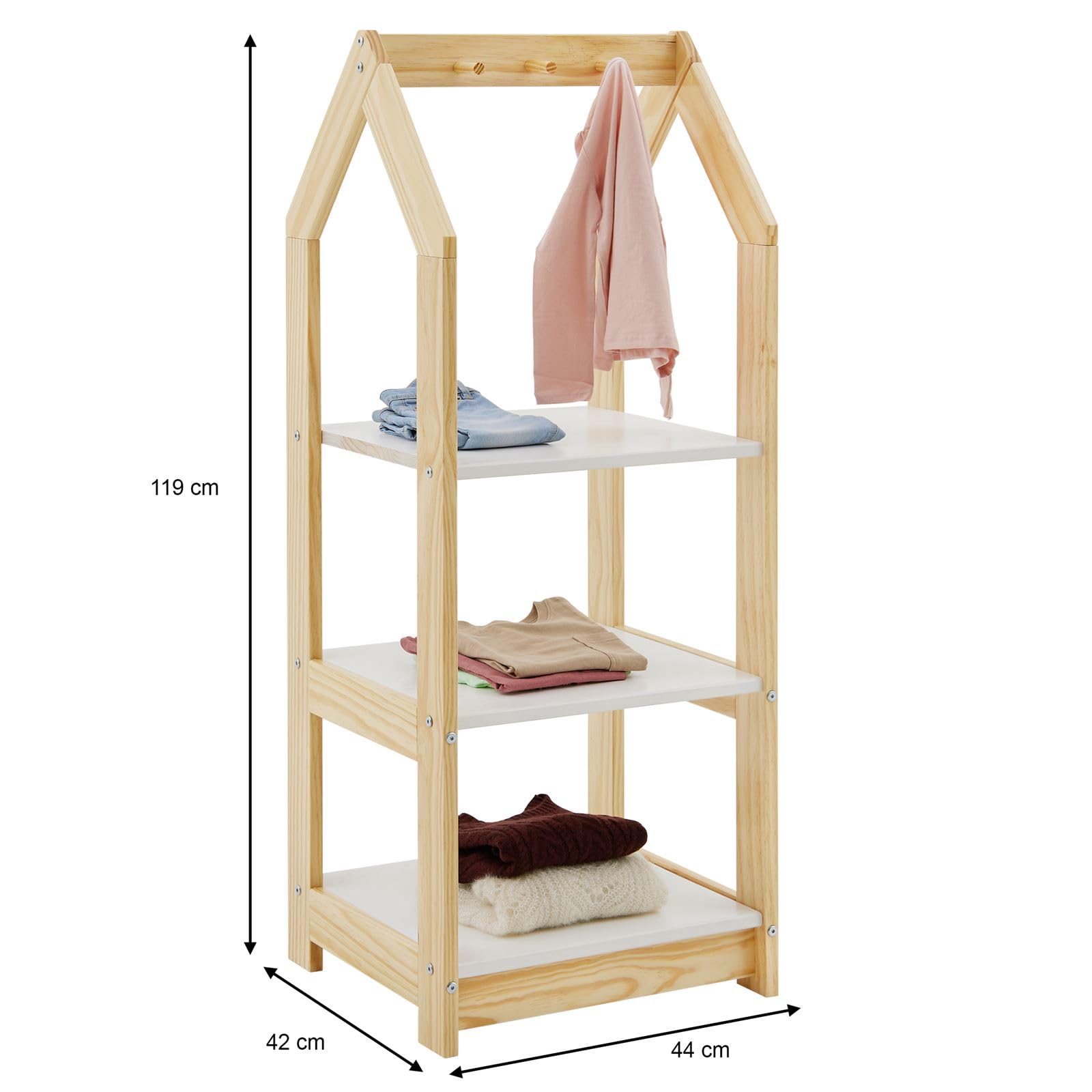 IDIMEX Étagère à vêtement Enfant Sally en Pin Massif, Dressing Enfant avec Tringle à Vêtements, Tablette Inférieure Blanche, Penderie Enfant Montessori