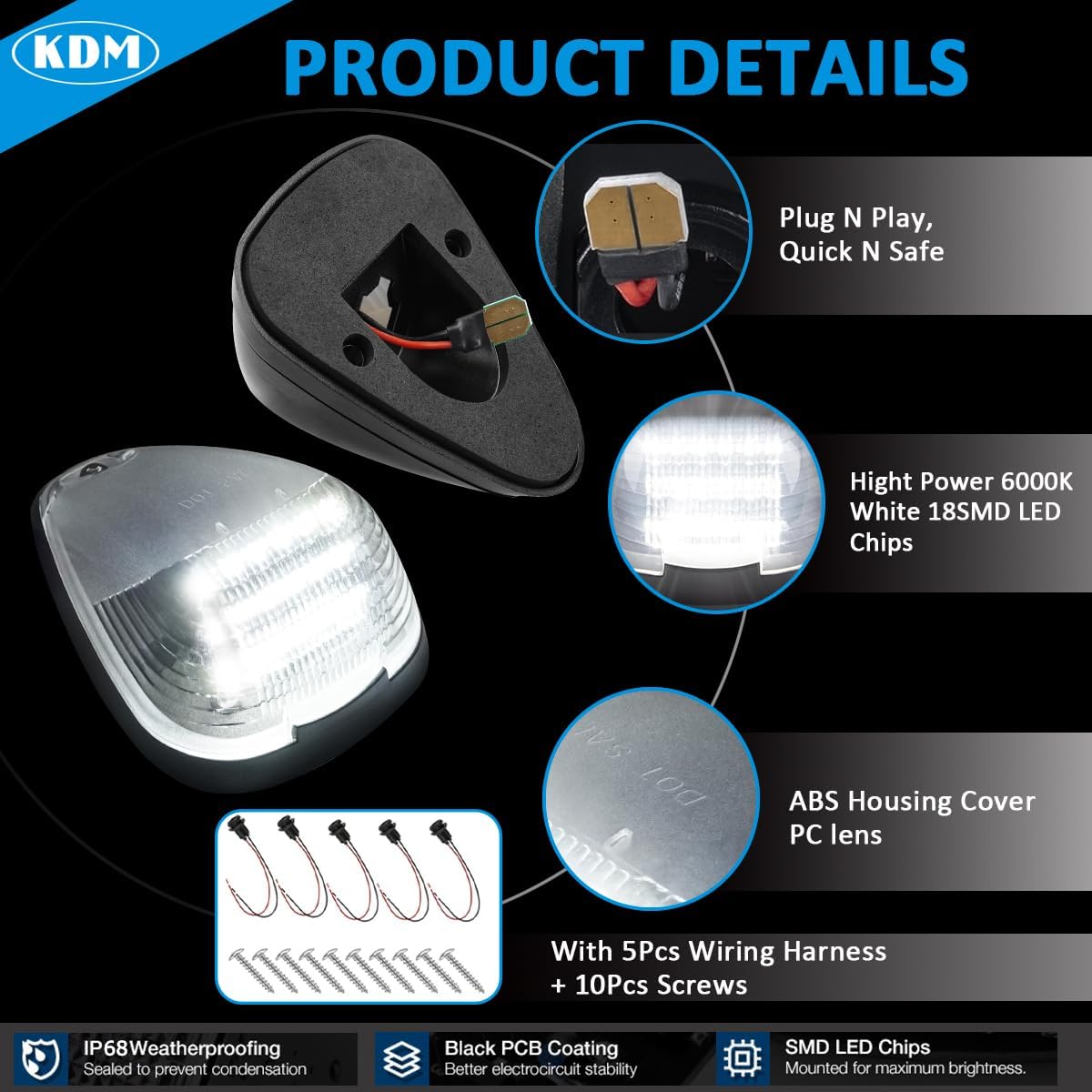 Condition photo showing New/Like New for kdm clear lens led cab roof top marker lights assembly fit for 1999-2016 ford f250 f350 f450 f550 f650 f750 e150 e250 e350 e450 super duty,mounted running clearance bright white,5pcs pack