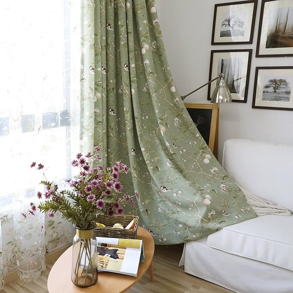 1 Panel Farmhouse Birds Curtains 63 Inches Length Grommet Half Light Blocking Green Tree Pattern for Living Room Vintage Floral Print Window Drapes for Sliding Glass Door Home Decor W55 X L63 Inch