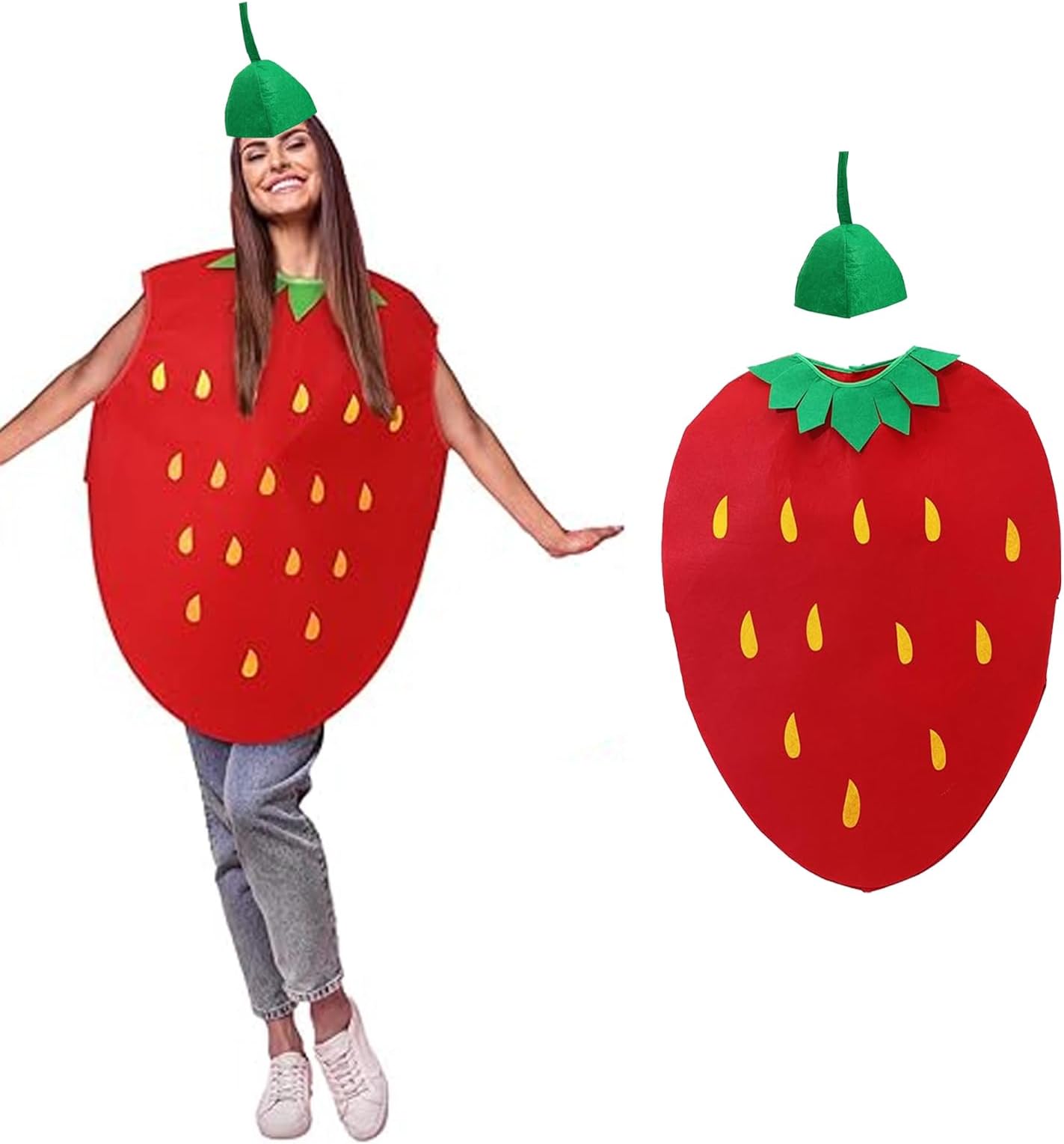 Strawberry Costume for Adults, Funny Fruit Cosplay Outfit with Headpiece, Non-Woven Fabric Fancy Dress for Halloween, Themed Parties, Role Play, and Fun Events