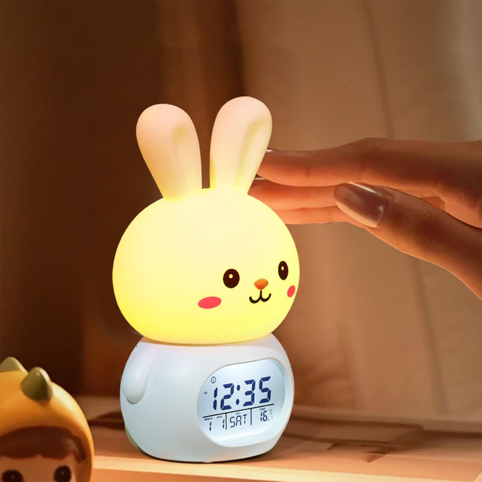 Lampka nocna z uroczym królikiem, lampka nocna dla dzieci, regulowana jasność, dekoracja przedszkola do sypialni, cyfrowy wyświetlacz timera, lampa stołowa, miękka świecąca kontrola kranu dla uczniów