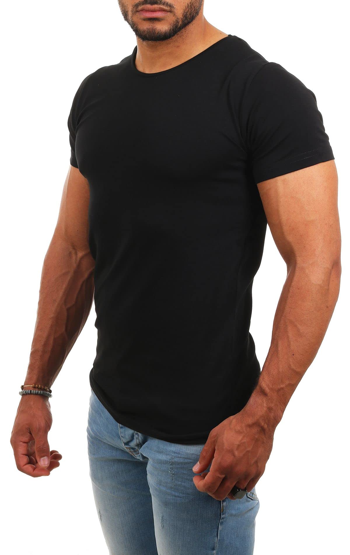 Young & Rich Herren Uni Basic T-Shirt mit Rundhals Ausschnitt einfarbig Stretch körperbetonte Dehnbare Passform 1701 5er Pack