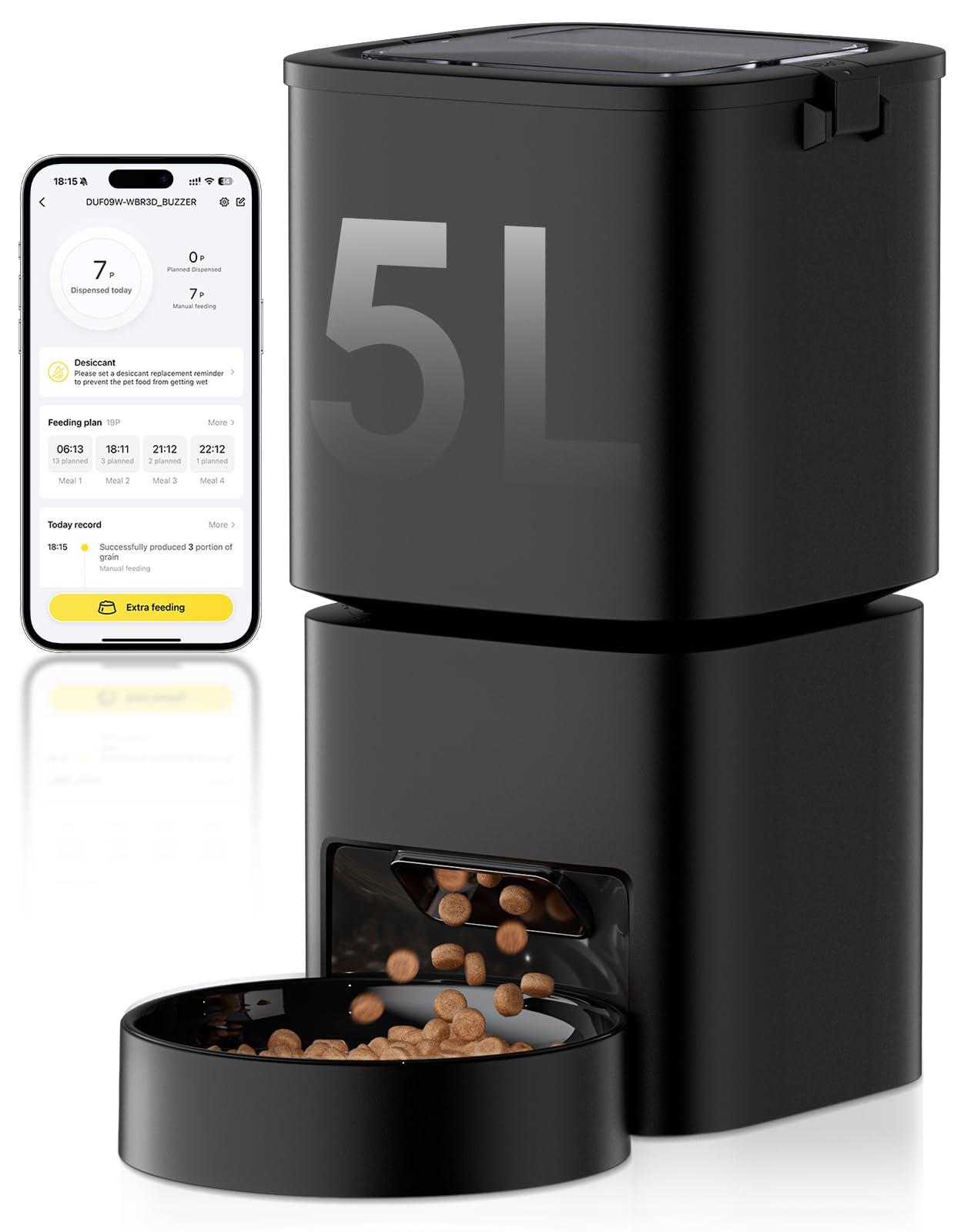 DUDUPET 5L Automatic Cat Feeder, Large Capacity, 2.4GHz / 5GHz WiFi Smart Feeder with App Control, 1-10 Meals a Day, Pet Feeder for Cats and Dogs