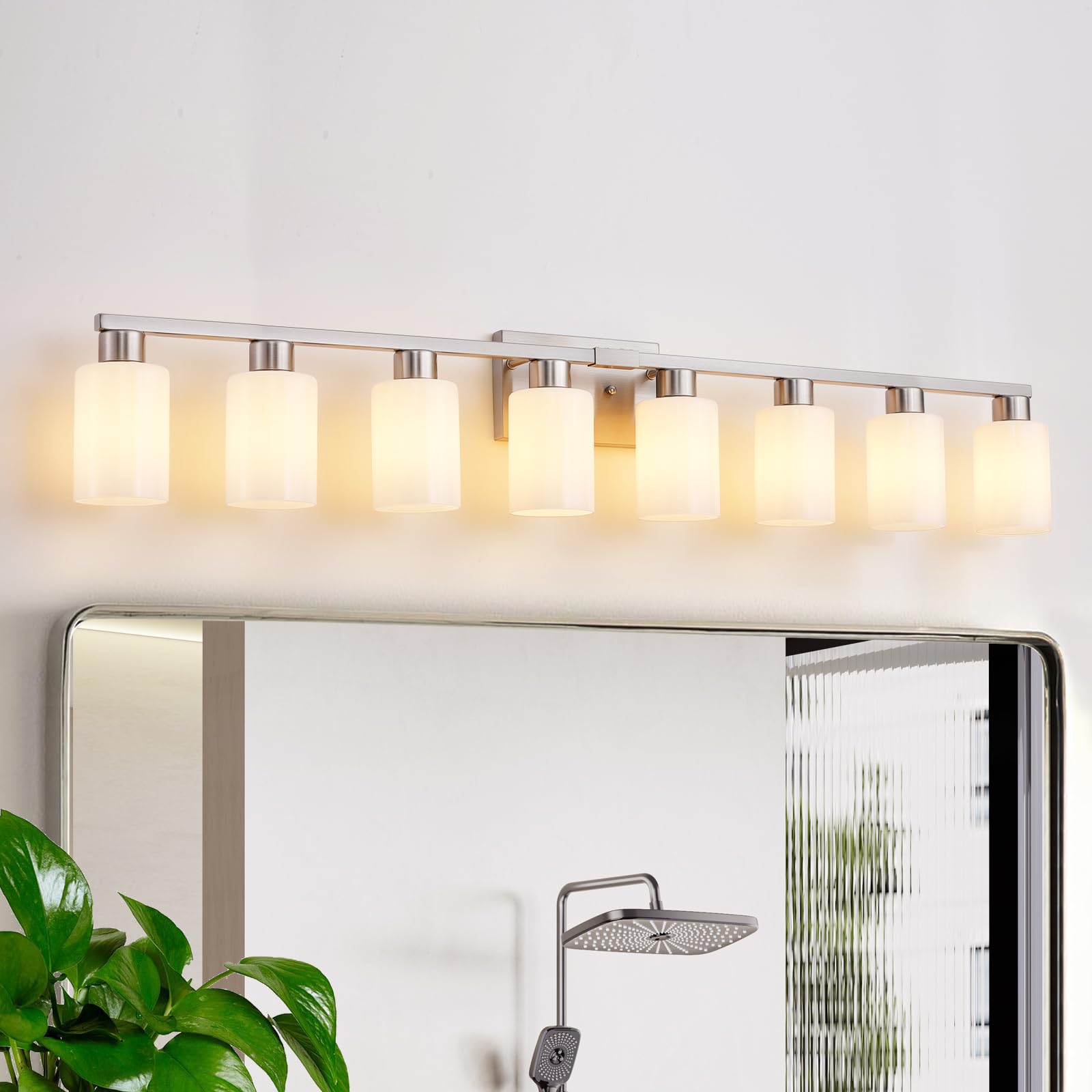8 Light Bathroom Vanity Light, Brushed Nickel Bathroom Light Fixtures Over Mirror with Milky White Frosted Glass Shades, E26 Socket Modern Vanity Lights Wall Sconce for Bathroom Living Room Bedroom