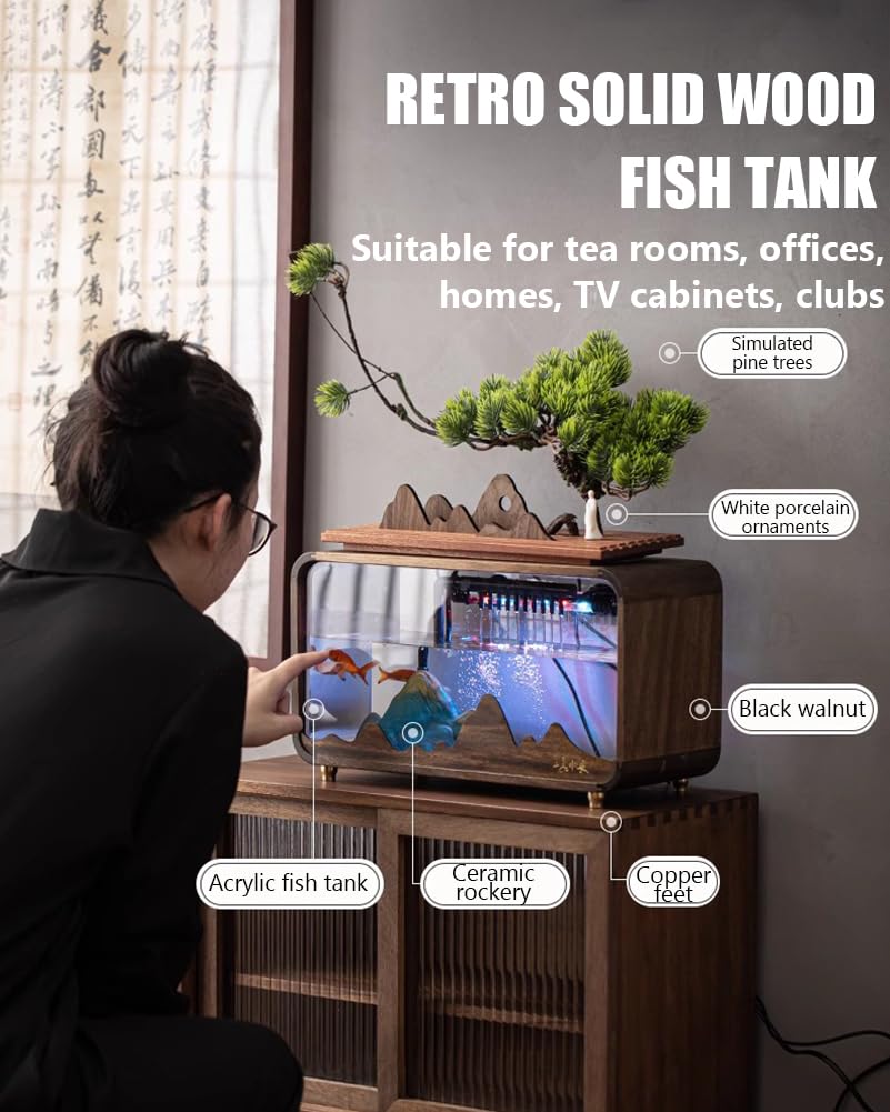 Kits De Acuarios Acrílicos para Peces Betta, Acuario Retro Oriental De Nogal Negro, Acuario Vintage De Acrílico Autolimpiable, Acuario De Acrílico De Sobremesa para Oficina