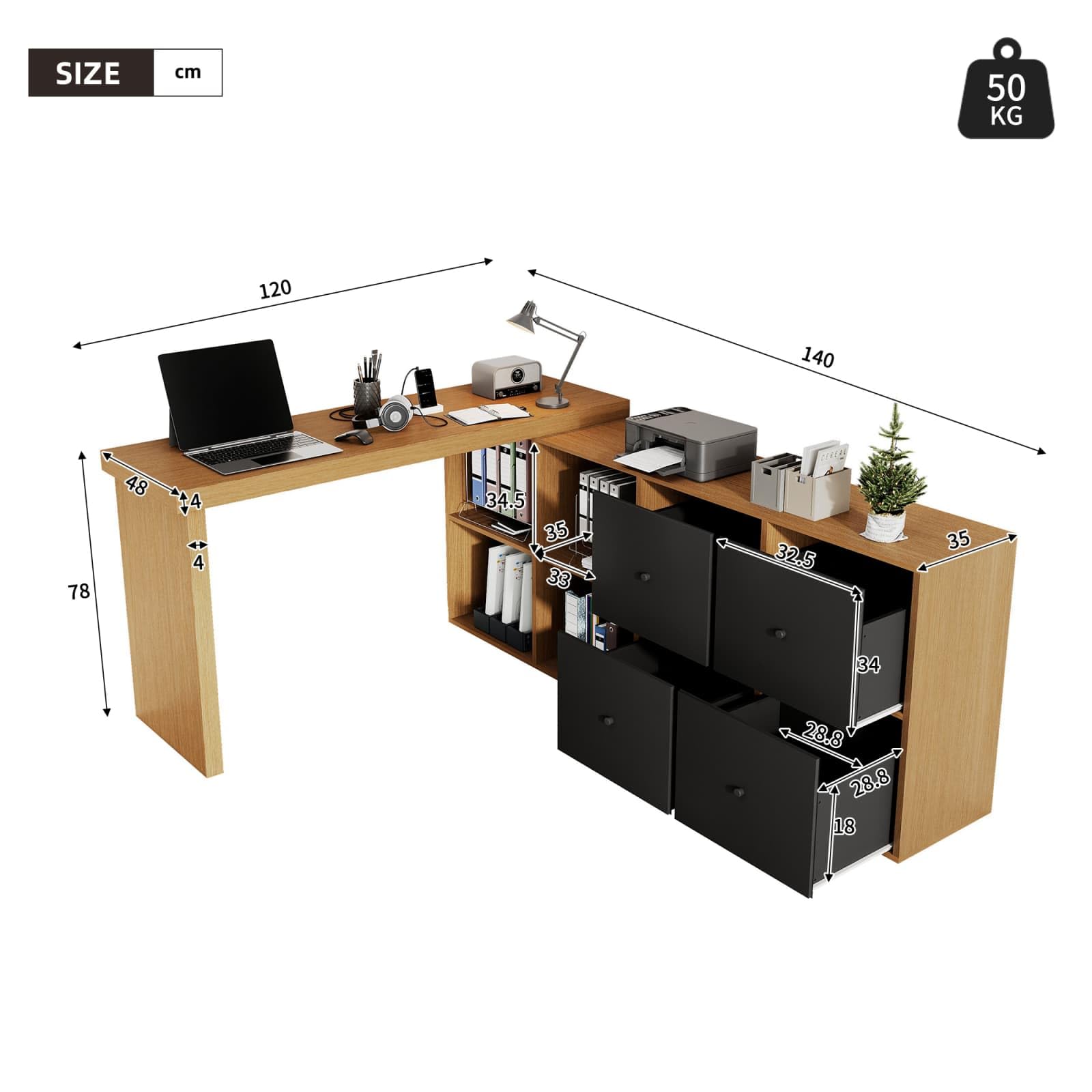 Sweiko Bureau d'angle Informatique Pivotant 360° avec 4 Tiroirs de Rangement, Bureau Modulaire avec Étagères Ouvertes, bibliothèque pour Home Office et Chambre Ado