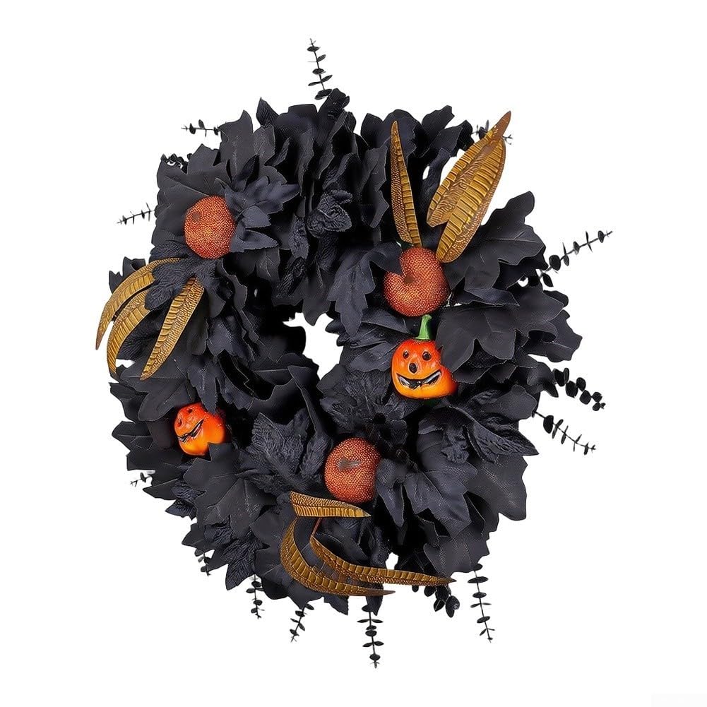 Dekoracja na drzwi Halloween 50 cm czarne realistyczne liście dynia