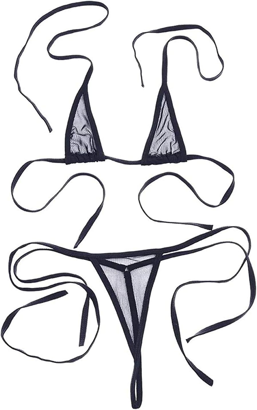 Women’s Sheer Extreme Swimsuit Bikini Halterneck Top and Tie Sides Micro Bikini Thong Sets