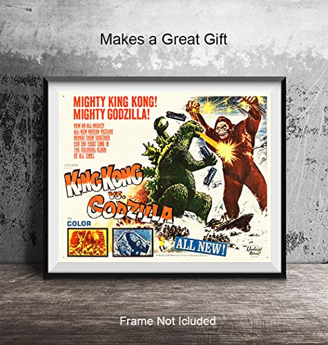 Image of Godzilla Vs Kong - Horror Movie Poster - 8x10 Classic Monster Movies - Vintage Scary Movie Wall Art Decor - Home Theater Room, Boys Bedroom, Man Cave Decorations - Godzilla - King Kong
