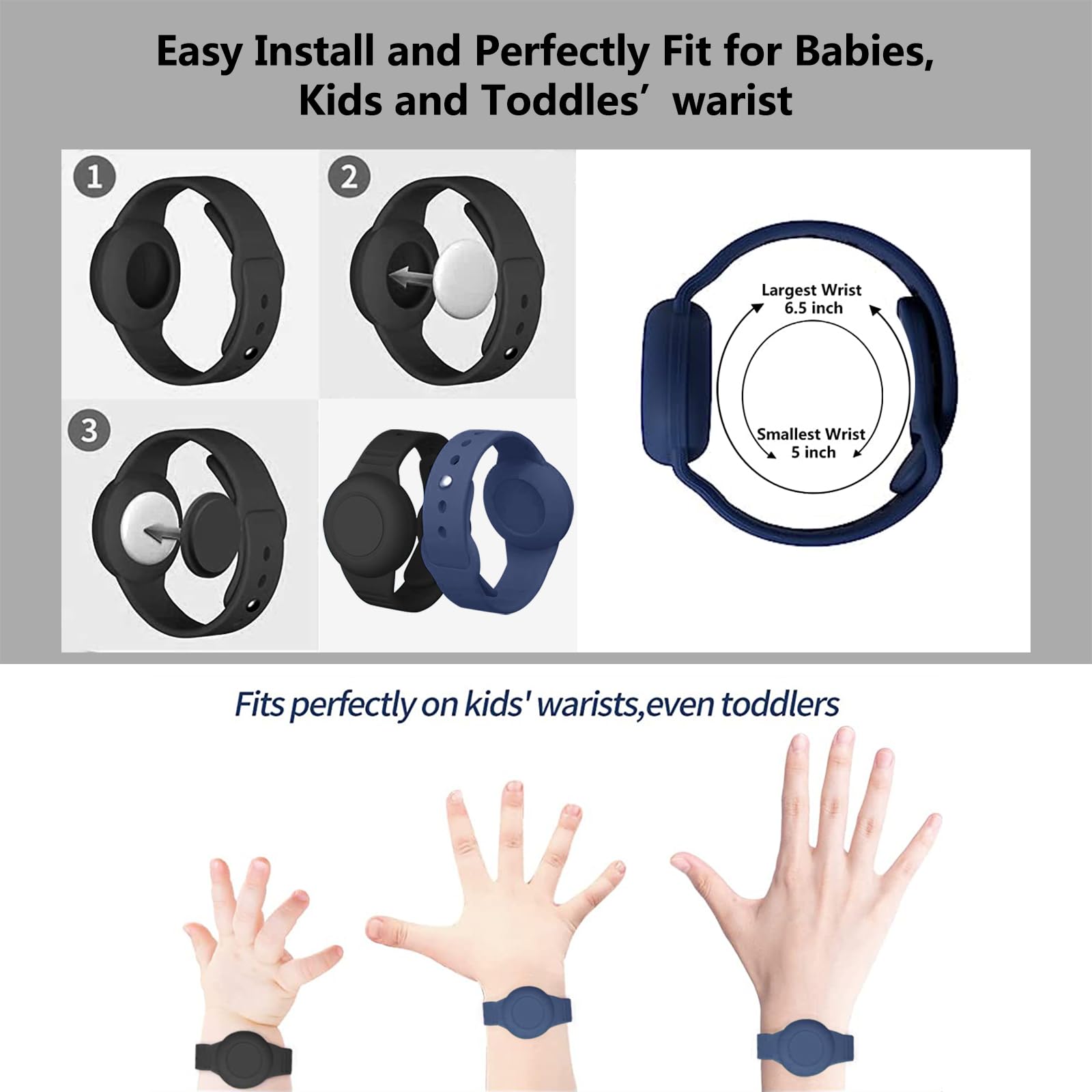 Aircawin for Waterproof Airtag Bracelet Kids,2 Packs Silicone Hidden for Airtag Wristband,Anti-Lost for Airtag Holder Case Toddler,for Airtag Case Cover Watch Band GPS Tracker for Child-Black+Blue — view 6