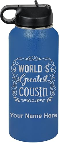 Miniatura 48 de LaserGram Botella de agua con tapa abatible de doble pared de 32 onzas con pajilla, el primo más grande del mundo, grabado personalizado incluido