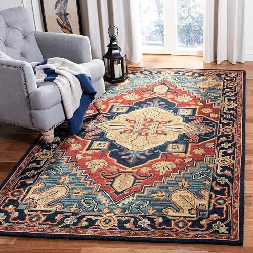 Image of Hand-Tufted Wool Carpet for Living Room 4x6 feet Navy Blue & Multicolor Traditional Design Anti-Skid High Pile Thick Carpet & Rugs for Bedroom & Hall