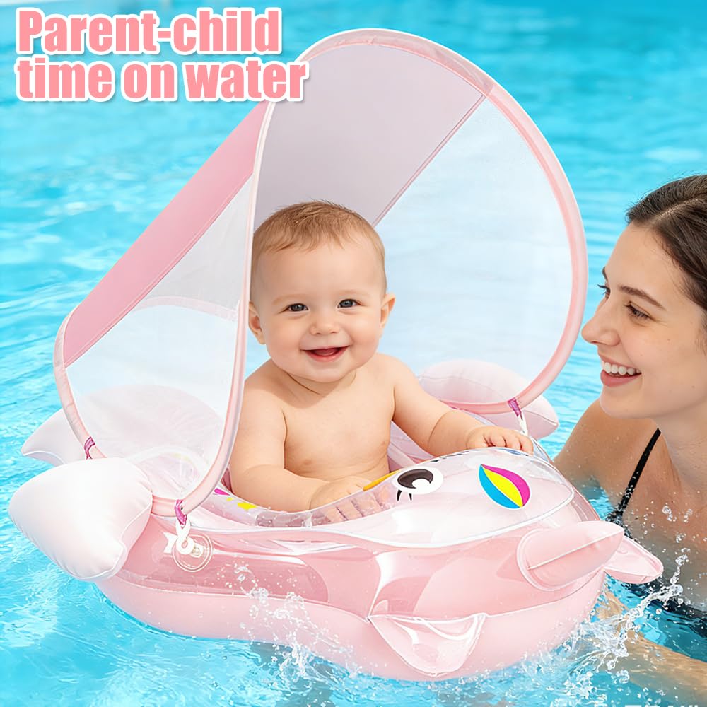 Salvagente Neonato, Ciambella Neonato Con Parasole E Pompa Ad Aria, UPF50+ Protezione UV, Salvagente Bambini Per Adatto Per Bagno, Piscina, Mare Per Bambini Dai 3 Ai 36 Mesi (L)