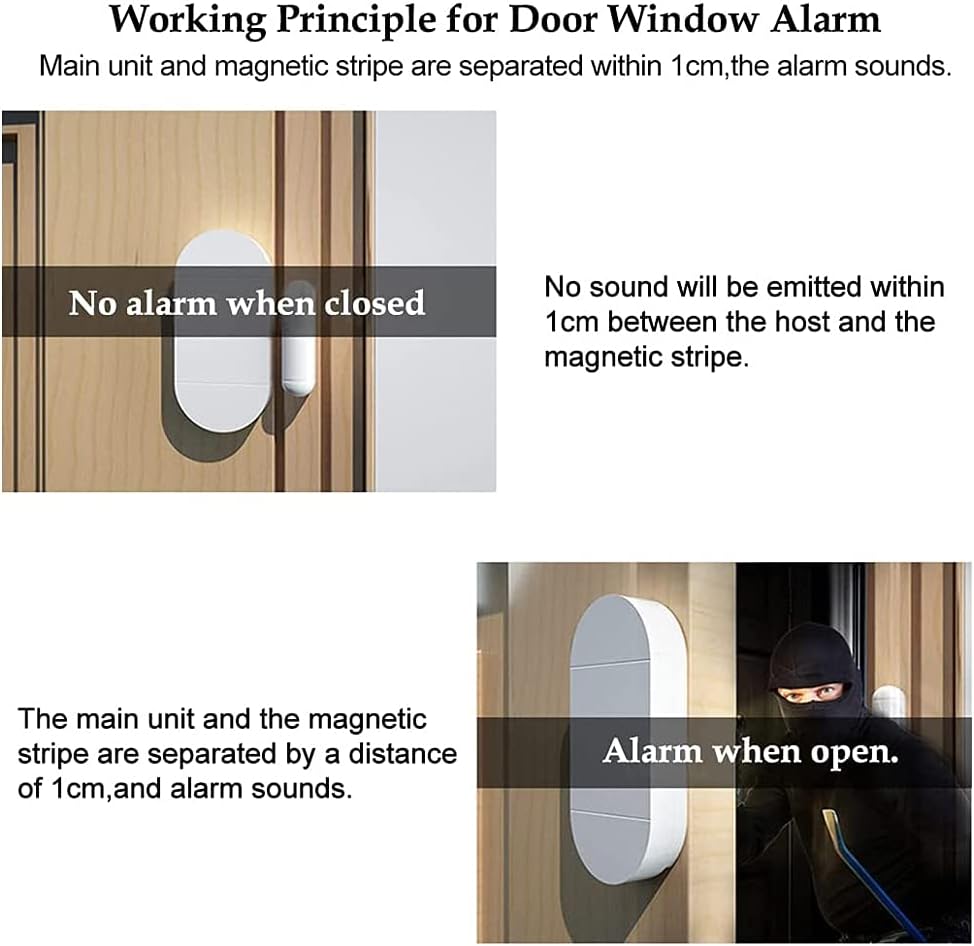 Illustrations demonstrating the working principle: no alarm when closed (gap less than 1cm) and alarm sounds when open (gap greater than 1cm).