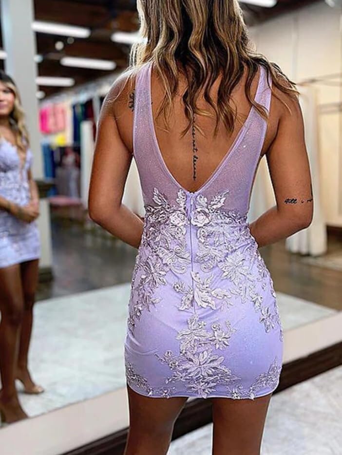 Applique Short Homecoming Dress for Teens Deep V Neck Prom Gown Tight Fitted Cocktail Party Dress TB284