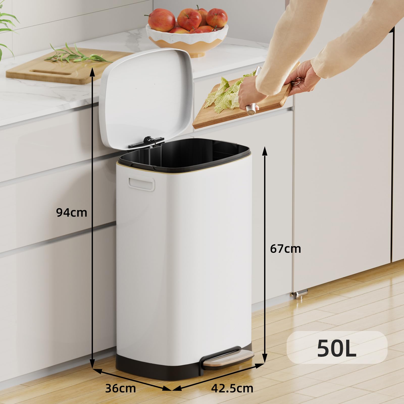 KSSKSS Poubelle de cuisine - 50 l - Poubelle à pédale avec couvercle à fermeture douce et pédale - Fermeture douce - Seau intérieur amovible - Acier inoxydable - Rectangulaire - Blanc