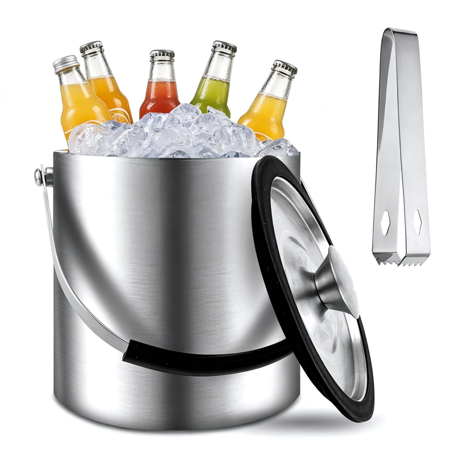 2L Eiswürfelbehälter, Edelstahl Eiskübel mit Deckel, Sieb und Eiszange, Doppelwandiger Isolierter Eiseimer zum Kühlen von Bier, Champagner, Wein, Getränken für Party, Bar, Zuhause
