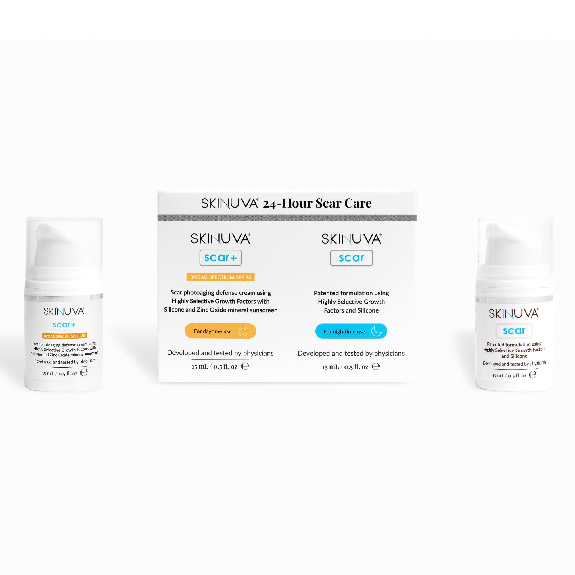 Skinuva® 24 Hour Care Kit: Next Generation Scar (0.5 oz) & Next Generation Scar+ SPF 30 (0.5 oz) - Advanced Silicone Cream Matrix Formulated with
