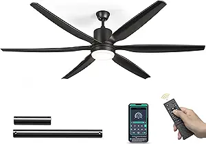 DWVO 65" Black Ceiling Fan with Lights and Remote, Modern Smart Ceiling Fan with App & Remote Control, Quiet Reversible DC Motor, 3CCT,6 Speed, 6 Blade, for Living Room, Bedroom
