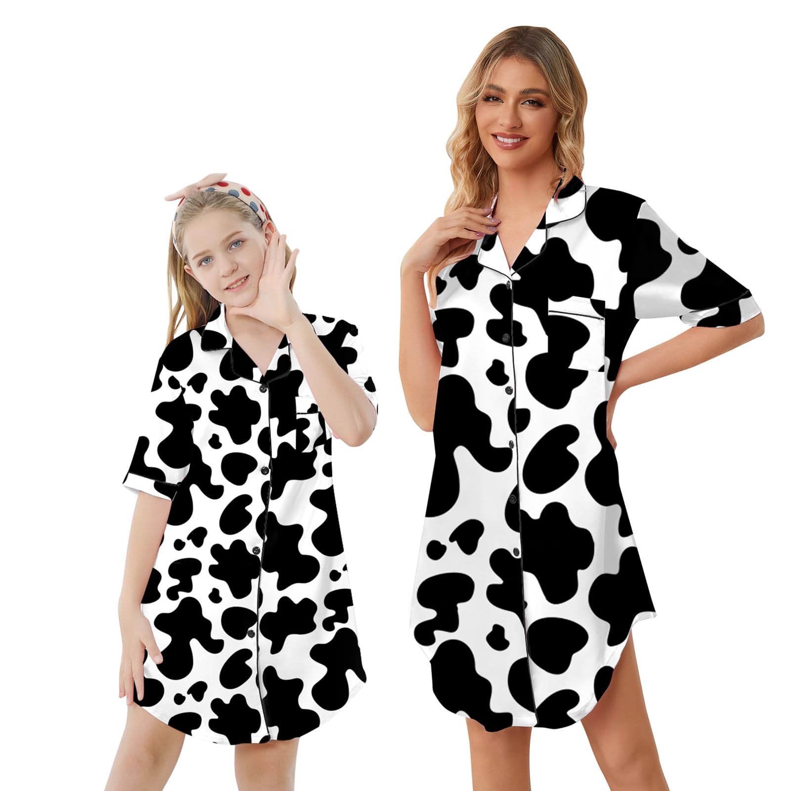 Schbbbta Girls &amp; Women Silk Nightgown, Short Sleeve Button Down Satin Nightshirt Pajama House Dress, 3 Years- Women 2XL