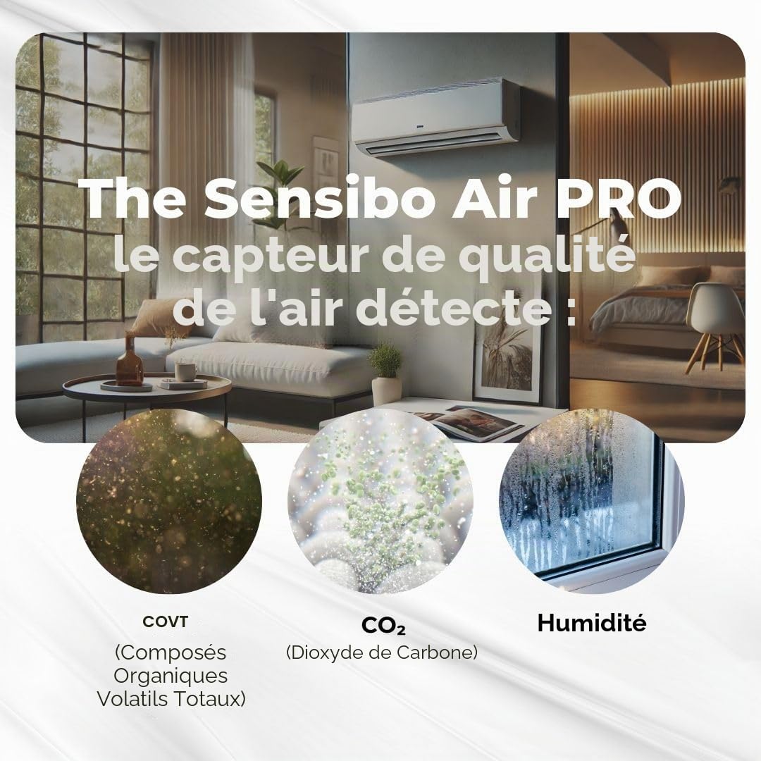 Sensibo Air PRO - Contrôleur intelligent pour climatiseur et capteur de qualité de l'air. Capteurs de temp. et humid. Thermostat pour climatiseur split, fenêtre. Google, Alexa, Siri, Apple HomeKit