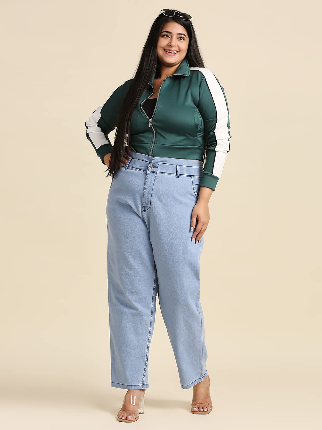 HIGH Star Women Plus Size Blue Stretchable Mom Fit Jeans, NIEBIESKI, 38