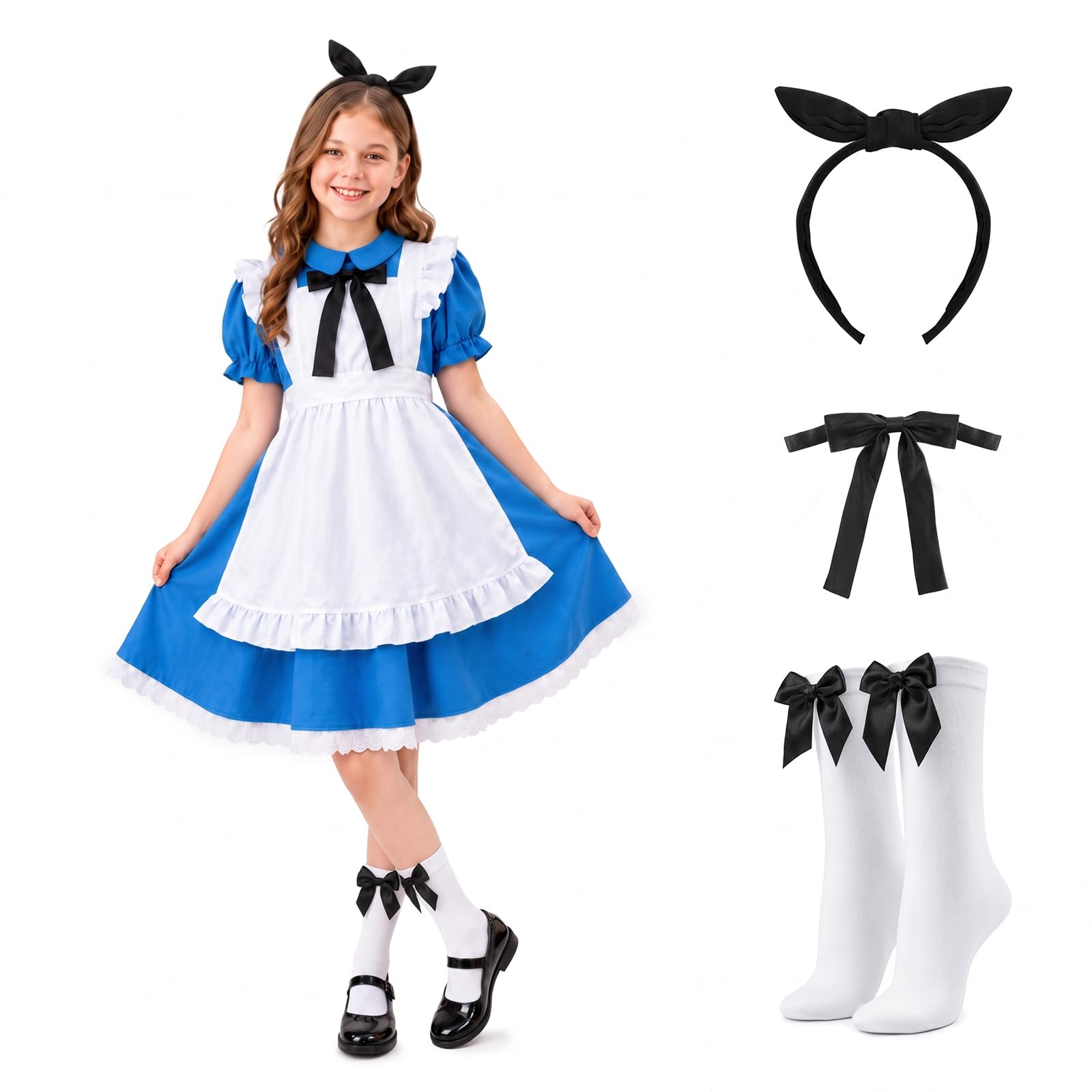 5-Piece Halloween Costume for Girls, Blue Princess Dress Set, 7-13 Years
