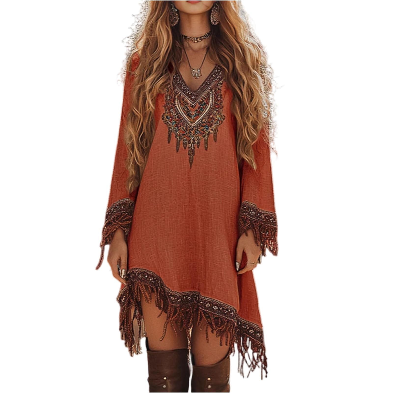 Women's Vintage Western Cowboy Dress - Off Shoulder Flare Dresses Halloween Costume Button Down Fringe Dress 70S Inspired Prairie Outfit Country Party Dresses Ladies Cowgirl Retro Cosplay Wear M