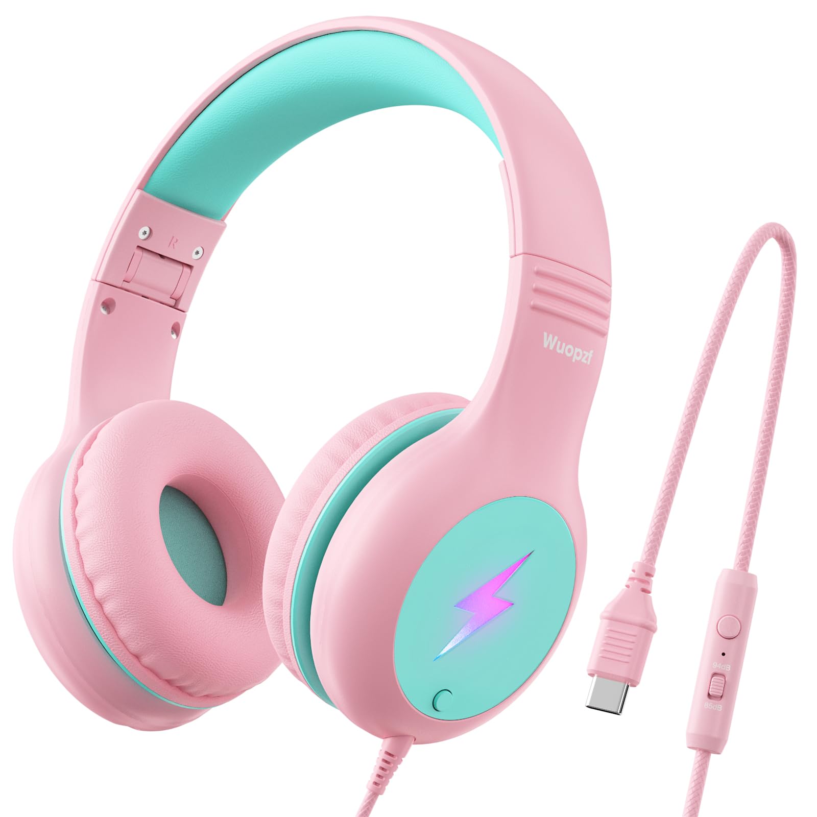Wuopzf Kids USB C Headphones for School, 2025 Upgrade Safe Listening Wired Over-Ear Headphones with LED Lights, Volume Limiter & Microphone, Foldable