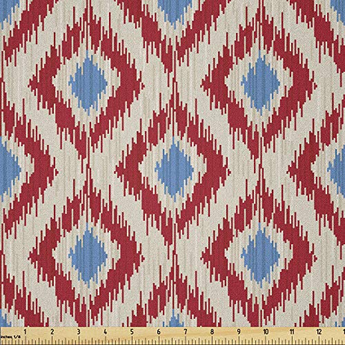 Lunarable Ikat Fabric by The Yard, Ikat Style Motifs Traditional Patterns Vintage Old Design, Microfiber Fabric for Arts and Crafts Textiles & Decor, 2 Yards, Cream Blue