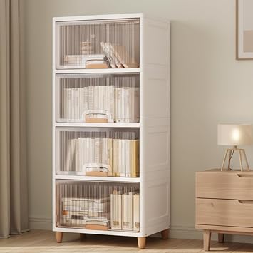 JD FRESH 4 Tier X-Large Cupboard for Storage/Stackable Plastic Storage Cabinet/Foldable Wardrobe for Clothes/Multipurpose Storage Organizer/Closet for Bedroom/Living Room/Kitchen (Transparent & White)