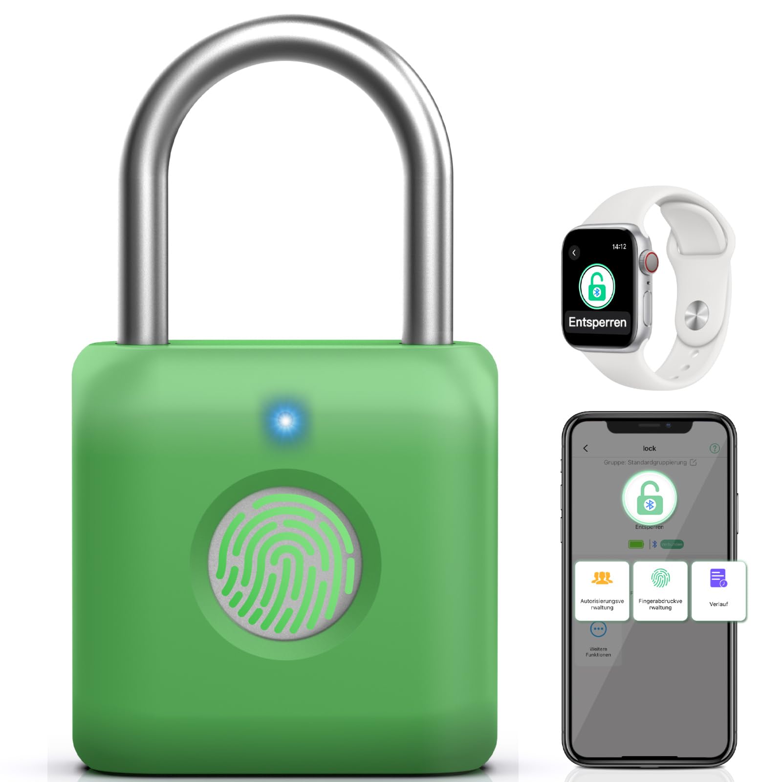 Anweller Cerradura inteligente con Bluetooth, candado de huellas dactilares, candado con huella dactilar, pequeño para gimnasio, oficina, casa, jardín (verde aguacate)