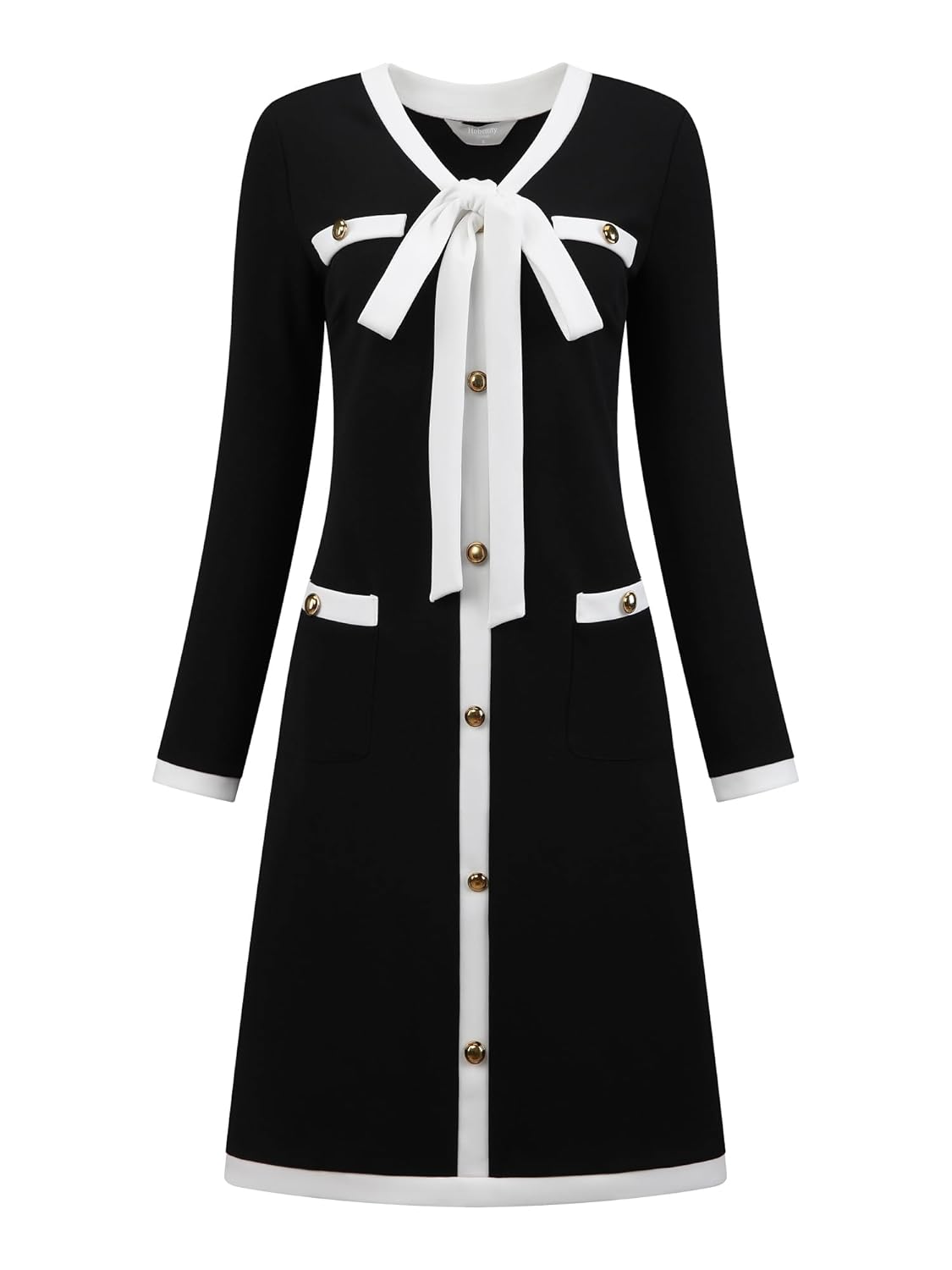 Womens Elegant A-Line Dress Contrast Color V Neck Long Sleeve 2025 Trendy Work Dresses