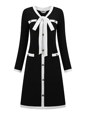 Womens Elegant A-Line Dress Contrast Color V Neck Long Sleeve 2025 Trendy Work Dresses