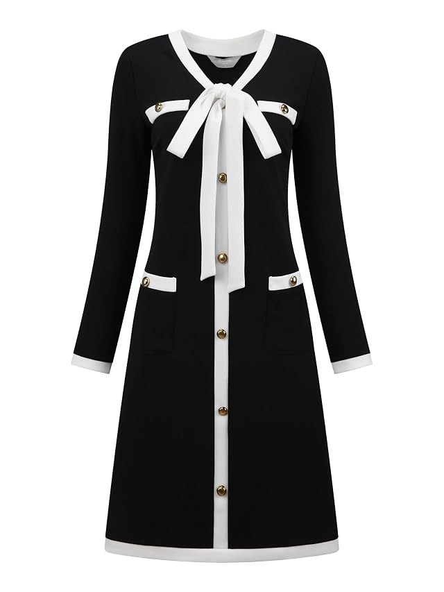Womens Elegant A-Line Dress Contrast Color V Neck Long Sleeve 2025 Trendy Work Dresses