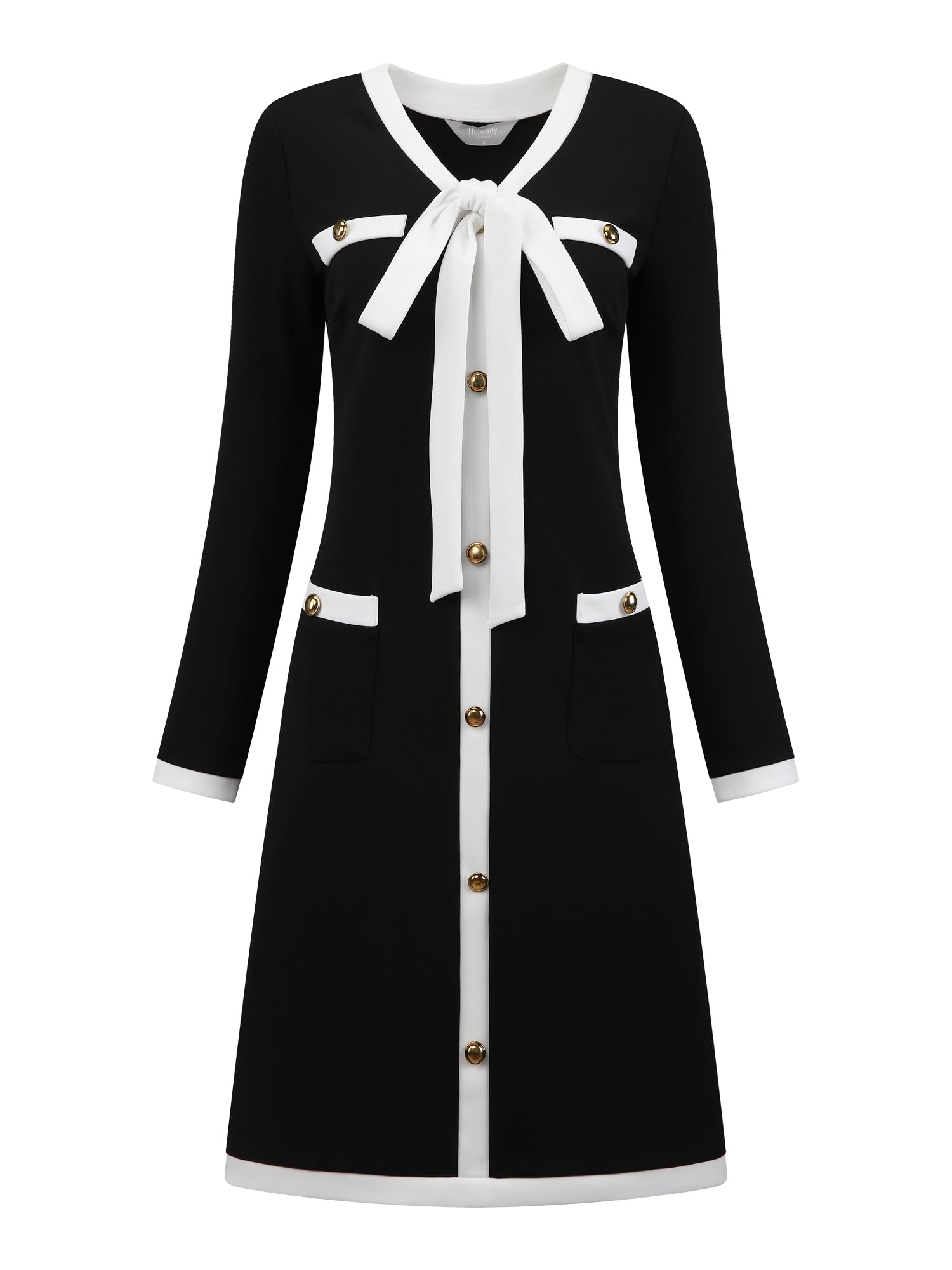 Womens Elegant A-Line Dress Contrast Color V Neck Long Sleeve 2025 Trendy Work Dresses
