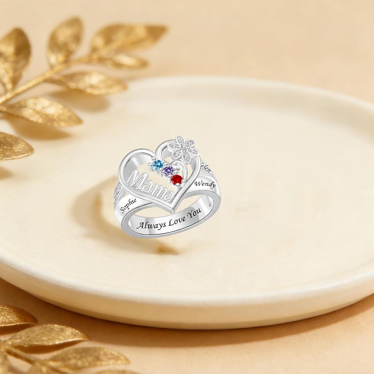 Personalized 1-8 Mom Birthstones Promise Ring for Women Custom Birthstones Mother Rings Solid 10K/14K/18K White Yellow Rose Gold Engraved Names Engagement Mother Day Rings for Mom