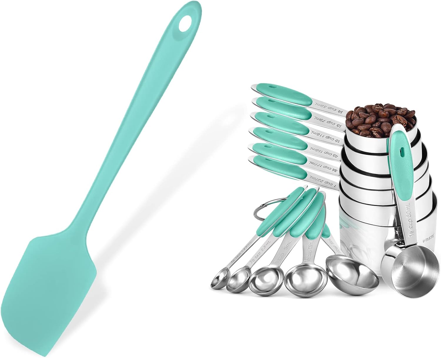 U-Taste 14in Extra Large Flexible Silicone Spatula with 600ºF Heat Resistance, and Upgraded Measuring Cups and Spoons Set of 12 with Reinforced Welded Handle (Aqua Sky)