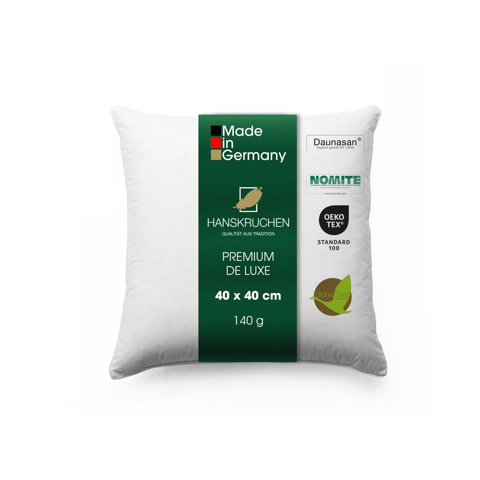 Premium de Luxe Trösterchen Daunenkissen 40x40 cm - Made in Germany Daunen Kuschelkissen aus 100% Baumwolle - 90% Daunen 10% Federn Kopfkissen für Allergiker [1er Pack]
