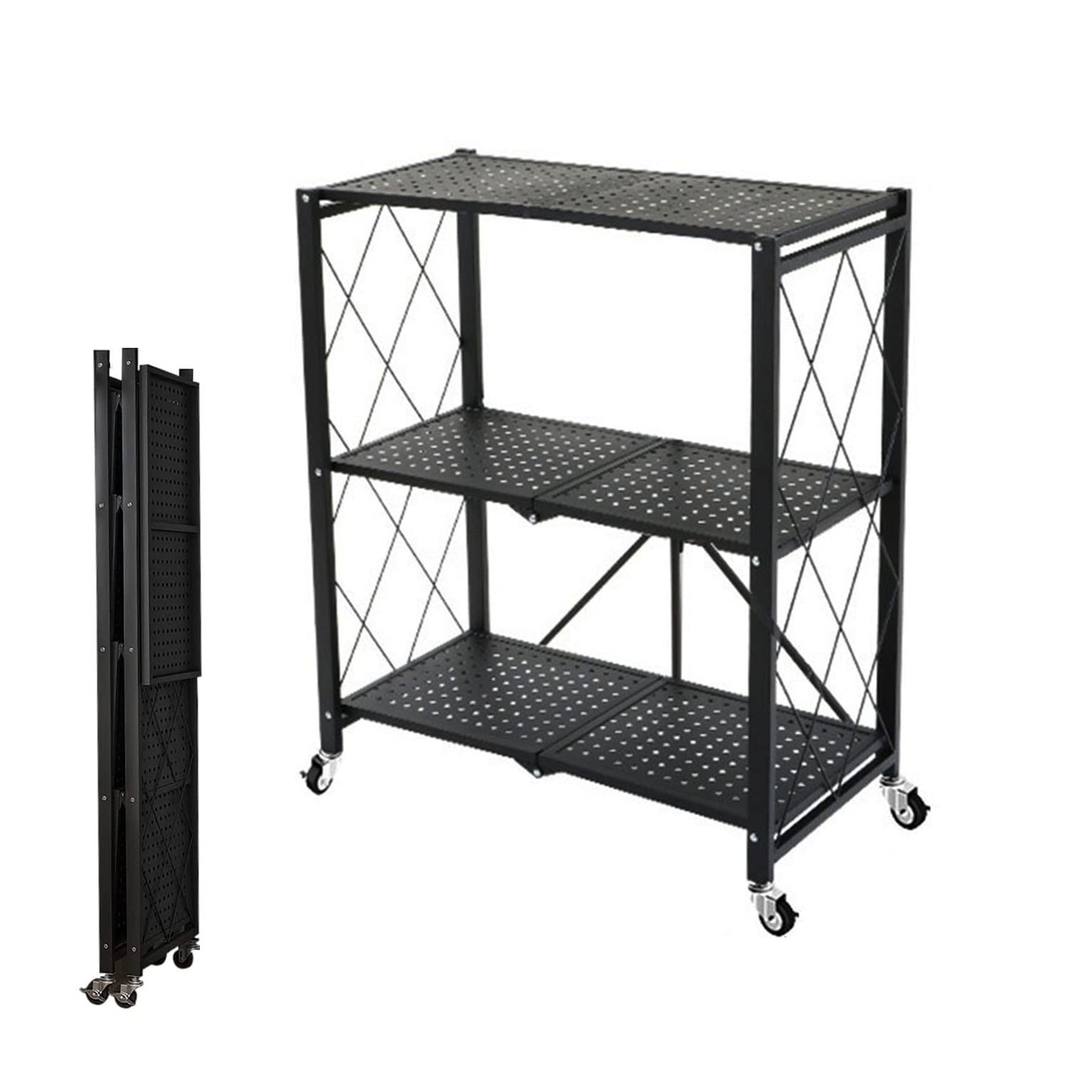 Scaffalatura pieghevole a 3/4/5 ripiani con ruote, capacità di 210 kg, scaffale in metallo per garage, cucina, soggiorno e bagno, nero