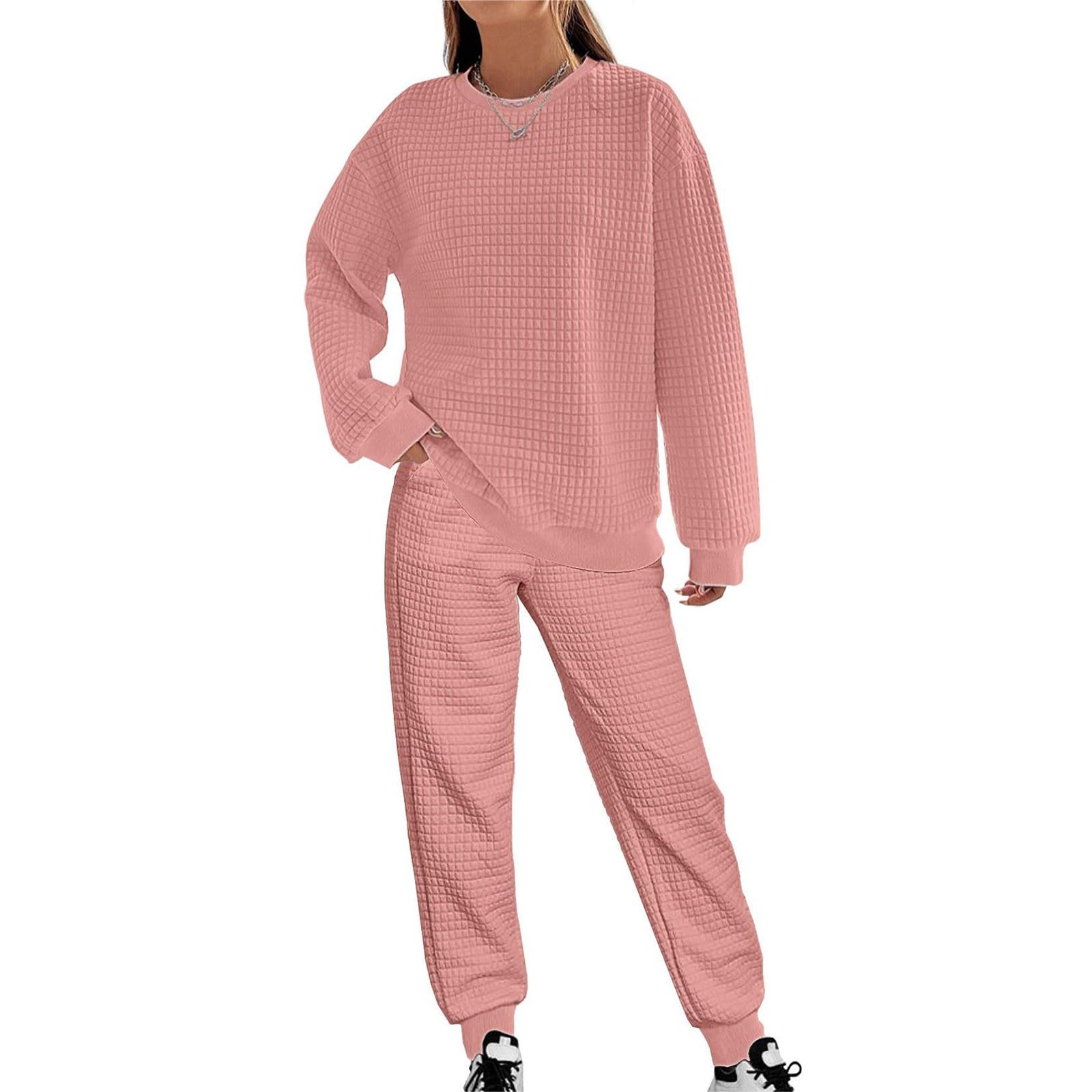 Ensemble de pyjama 2 pièces à carreaux pour femme | Haut à manches longues et col rond et pantalon de pyjama douillet uni élastique